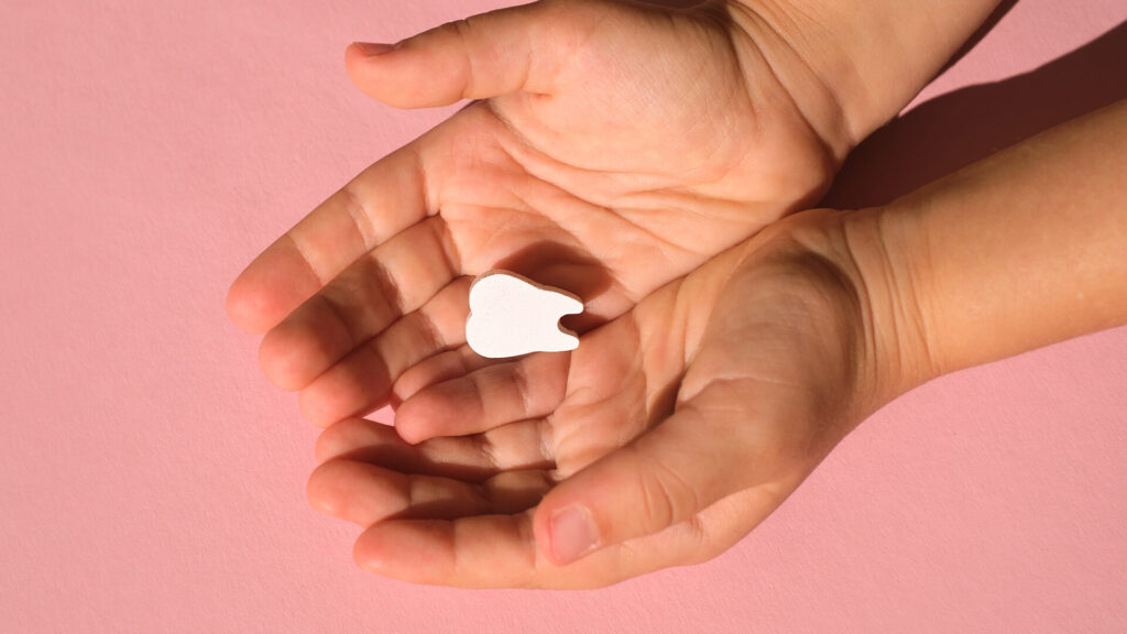 Foto di due mani che tengono la sagoma di un dentino da latte